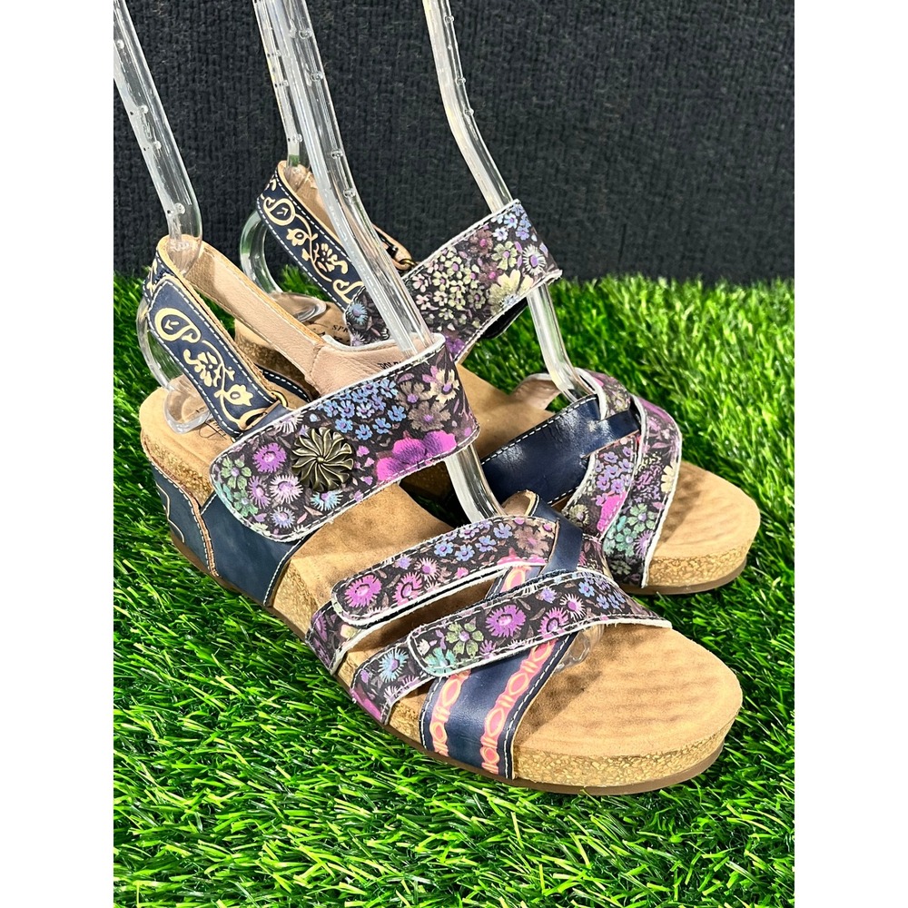 L'Artiste Spring Step Rolzah Floral Leather Wedge Sandals Navy Blue 38 US 7.5-8